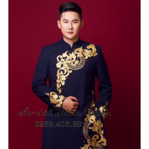 Blue Embroidered or Hand Painted Vietnamese Traditional Long Dress for Men